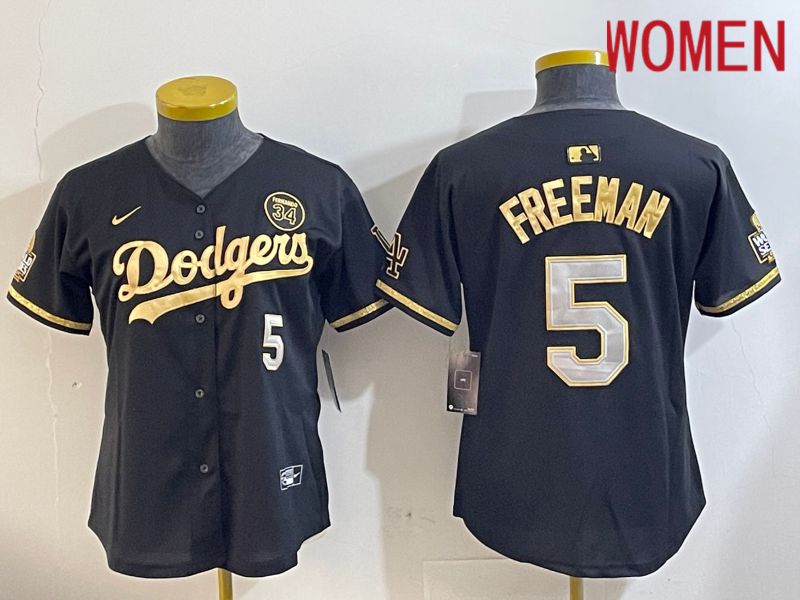 Women Los Angeles Dodgers #5 Freeman Black Gold Fashion Nike 2024 MLB Jersey style 1120->women mlb jersey->Women Jersey
